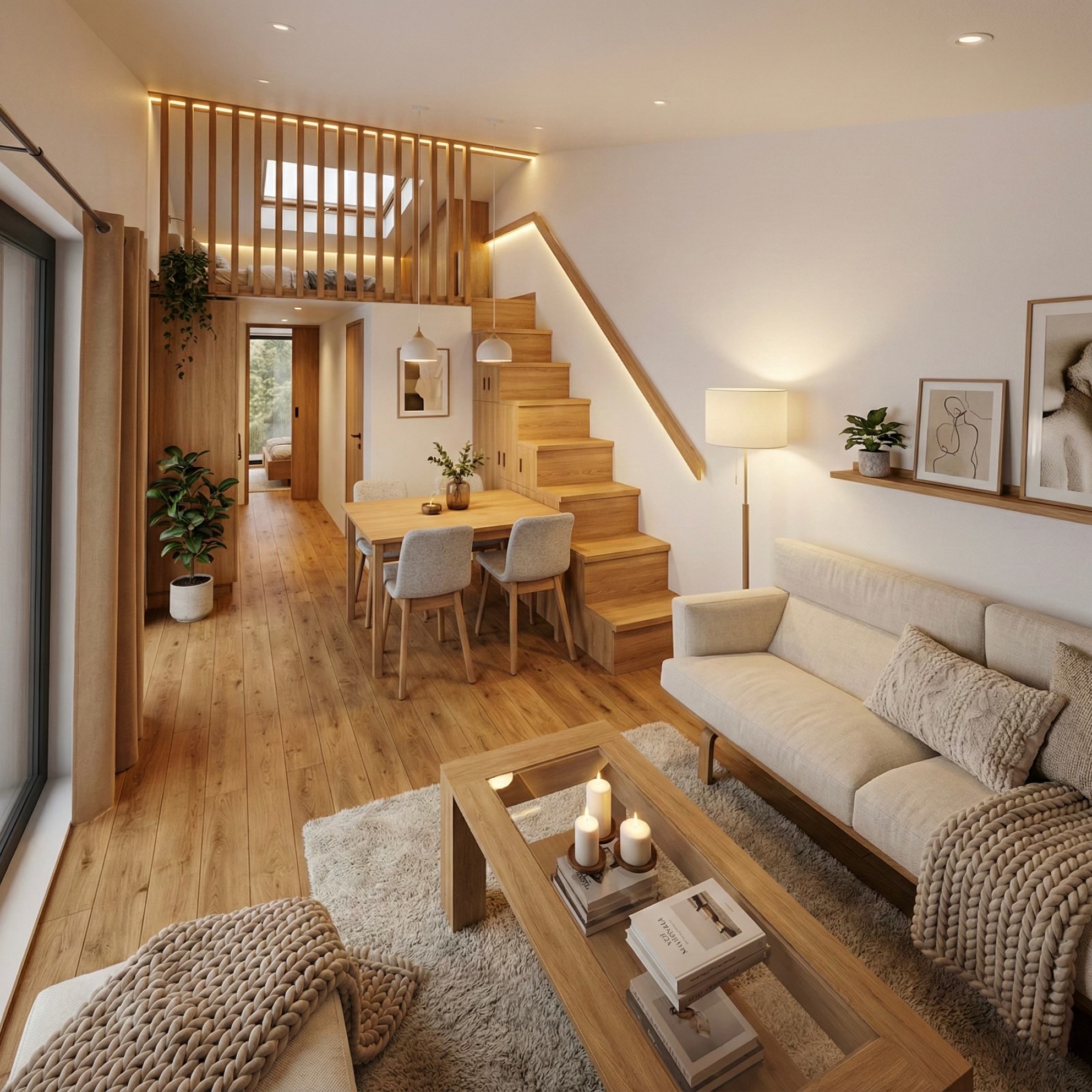 Gudrs 35 m² mājas plānojums.  Dzīvojamā zona ar virtuvi, atsevišķa gu...